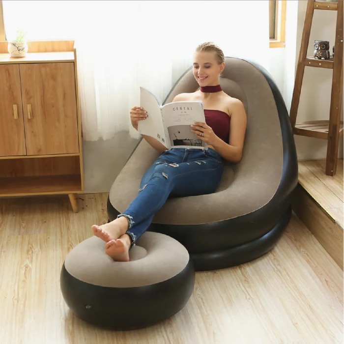 SILLÓN SOFA SILLAI INFLABLE RECLINABLE REPOSAPIÉS PORTÁTIL NEGRO
