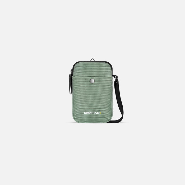 A Sherpani Simplicity Aloe Mist Green Anti-Theft Crossbody Wallet, front view showing pocket and strap on white background. #color_aloe-mist-green