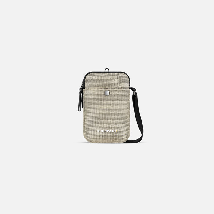 A Sherpani Simplicity Straw Beige Anti-Theft Crossbody Wallet, front view showing main pocket and strap on a white background. #color_straw-beige