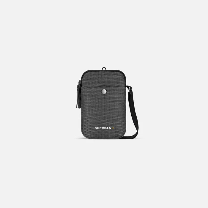 A Sherpani Simplicity Granite Anti-Theft Crossbody Wallet, front view showing pocket and strap on white background. #color_granite-grey