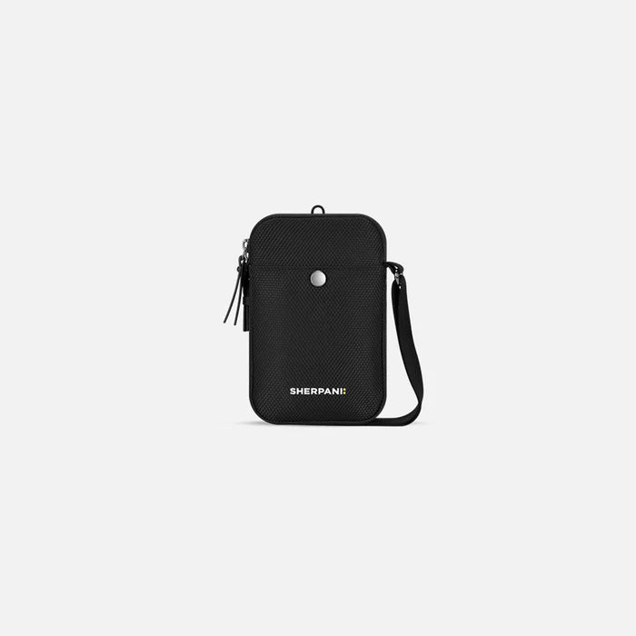 A Sherpani Simplicity Carbon Black Anti-Theft Crossbody Wallet, front view showing pocket and strap on white background. #color_carbon-black