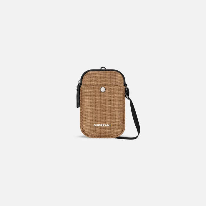 A Sherpani Simplicity Sand Anti-Theft Crossbody Wallet, front view showing pocket and strap on white background. #color_sand-tan
