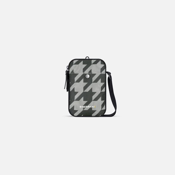 A Sherpani Simplicity Houndstooth Anti-Theft Crossbody Wallet, front view showing pocket and strap on white background. #color_houndstooth-print