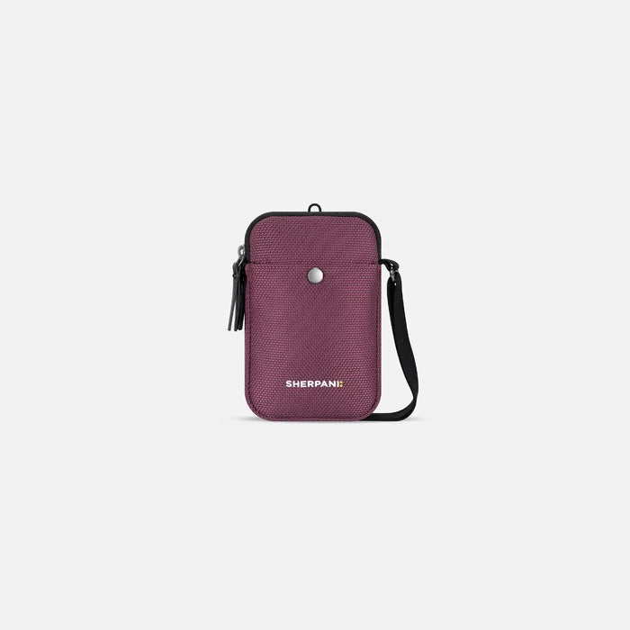 A Sherpani Simplicity Smoky Orchid Anti-Theft Crossbody Wallet, front view showing pocket and strap on white background. #color_smoky-orchid-pink