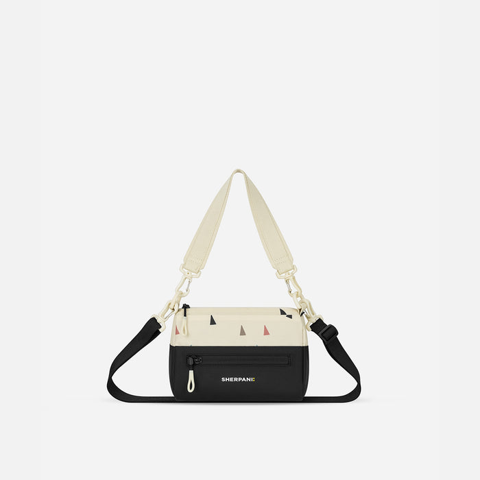A Sherpani Terrazzo Print Shoulder Bag, front view showing lockable pocket and strap options on white backdrop.  #color_terrazzo-print