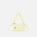 A Sherpani Sol Yellow Shoulder Bag, front view showing lockable pocket and strap options on white backdrop.  #color_sol-yellow