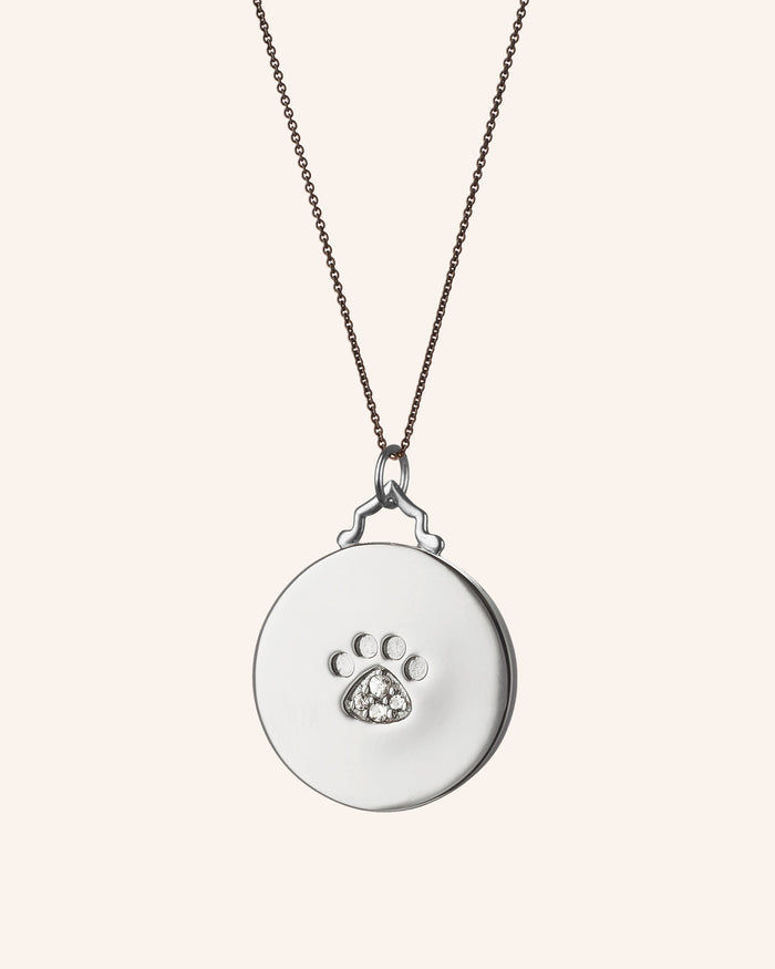 Paw Print Charm Necklace with Sapphires on Delicate Black Steel Chain