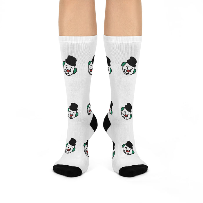 Snowman Hot Chocolate Crew Socks — Cushioned White Novelty Socks with Black Toe & Heel