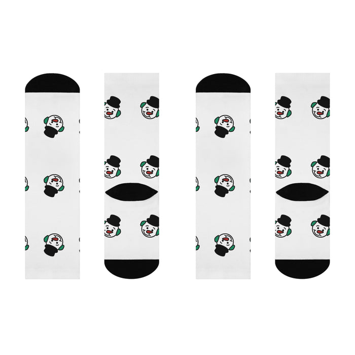 Snowman Hot Chocolate Crew Socks — Cushioned White Novelty Socks with Black Toe & Heel