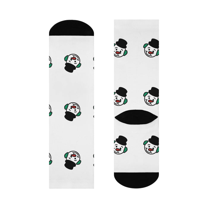 Snowman Hot Chocolate Crew Socks — Cushioned White Novelty Socks with Black Toe & Heel
