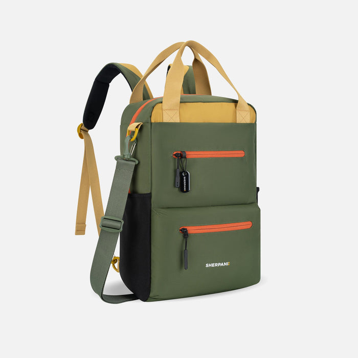 A Sherpani Sojourn Antelope Multi-Wear Pack, 3/4 view showing lockable pocket and various straps on white backdrop. #color_antelope
