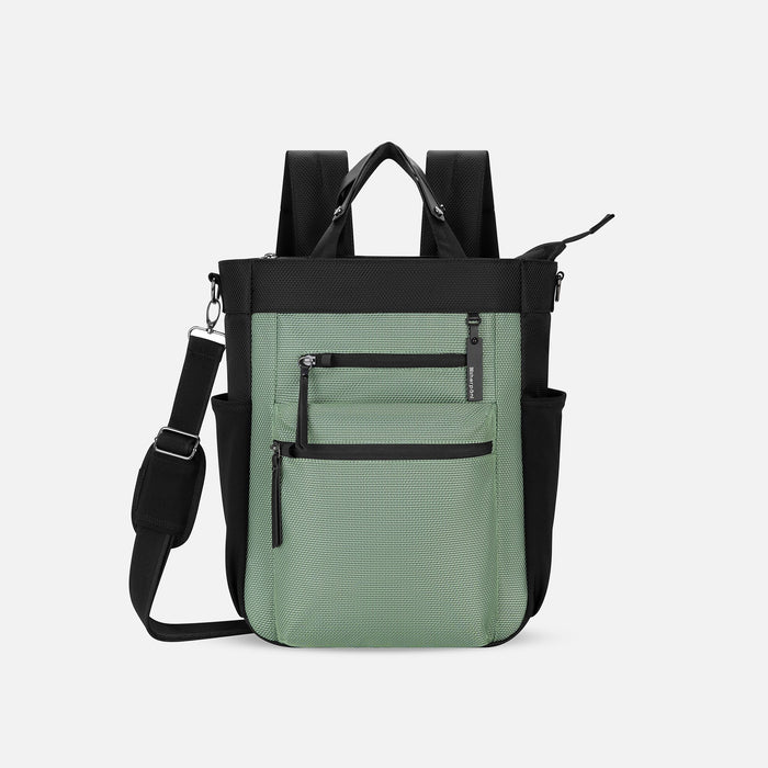 A Sherpani Soleil Aloe Mist Green Anti-theft Multi-Wear Travel Bag, front view showing lockable pockets on white backdrop. #color_aloe-mist