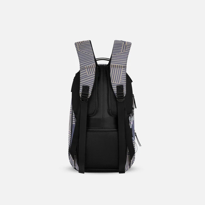 A Sherpani Solstice Passport Anti-Theft Travel Backpack, back view showing back strap pockets and shoulder straps against a white background.   #color_passport-print