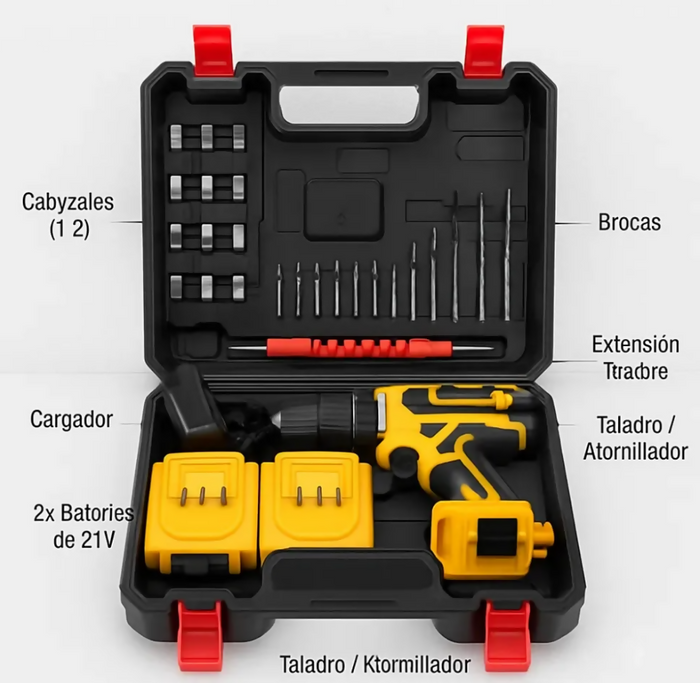 TALADRO PERCUTOR INALÁMBRICO BROCAS DOBLE BATERÍA RECARGABLE