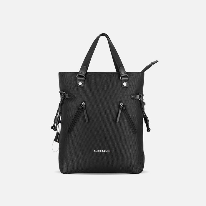 A Sherpani Tempest Carbon Black Convertible Tote, front view showing tote straps & front lockable pocket on white background.
 #color_carbon-black