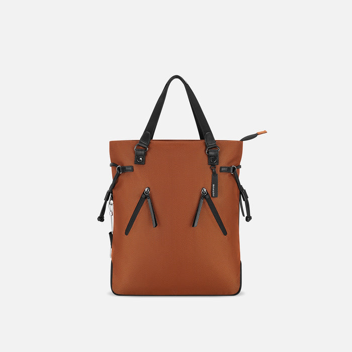A Sherpani Tempest Morocco Convertible Tote, front view showing lockable pockets & straps against white background. #color_morocco