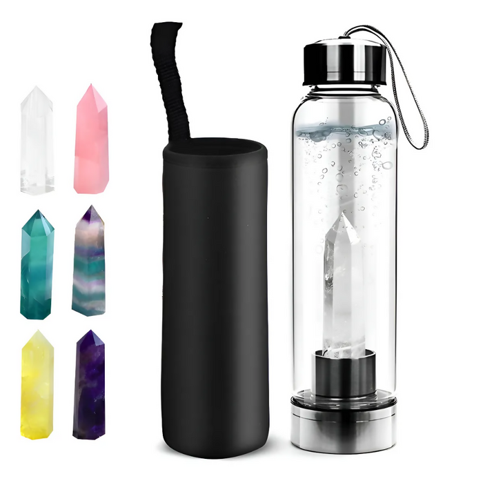 TERMO BOTELLA DE AGUA CON CRISTALES DE CUARZO Y ESTUCHE BLANCO