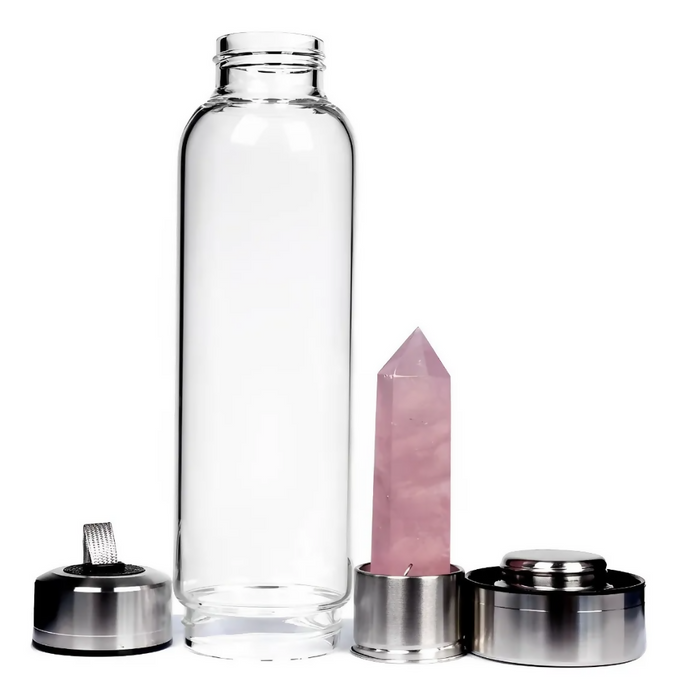 TERMO BOTELLA DE AGUA CON CRISTALES DE CUARZO Y ESTUCHE BLANCO