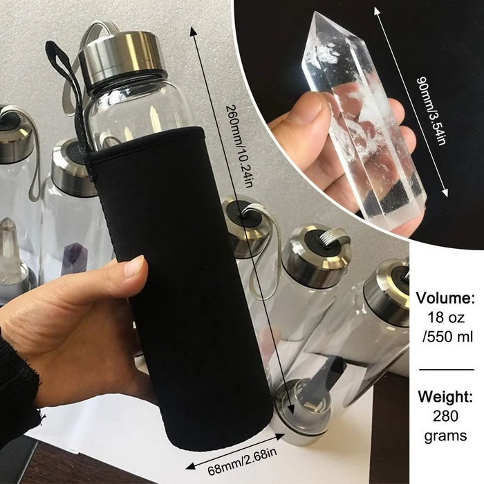 TERMO BOTELLA DE AGUA CON CRISTALES DE CUARZO Y ESTUCHE BLANCO