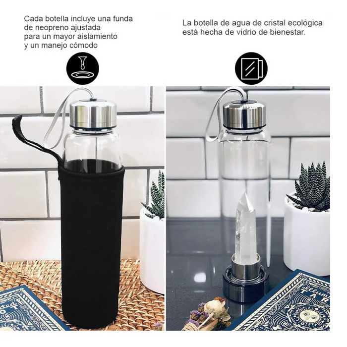 TERMO BOTELLA DE AGUA CON CRISTALES DE CUARZO Y ESTUCHE BLANCO