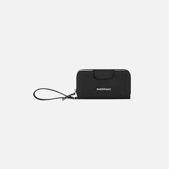 A Sherpani Tulum Carbon Black Anti-Theft Wallet, front view showing wrist strap and clasp on white background. #color_carbon-black