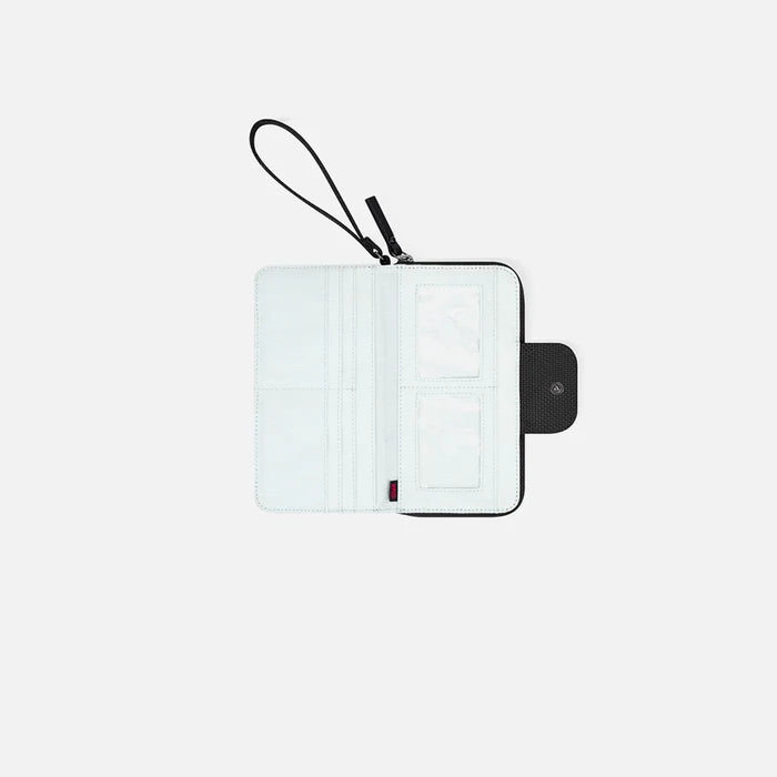 A Sherpani Tulum Carbon Black Anti-theft Wallet, above view showing inside of  wallet on white backdrop.  #color_carbon-black