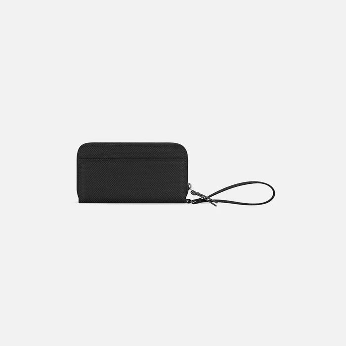 A Sherpani Tulum Carbon Black Anti-Theft Wallet, back view showing wrist strap on white background. #color_carbon-black