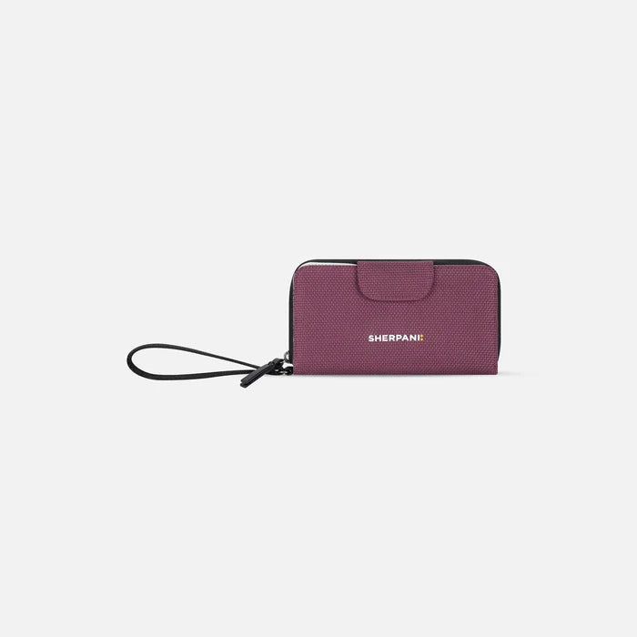 A Sherpani Tulum Smoky Orchid Anti-Theft Wallet, front view showing wrist strap and clasp on white background. #color_smoky-orchid-pink