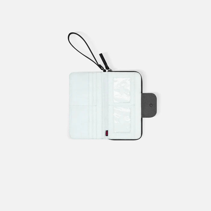 A Sherpani Tulum Granite Anti-theft Wallet, above view showing inside of  wallet on white backdrop.  #color_granite-grey