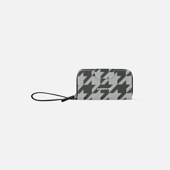 A Sherpani Tulum Houndstooth Anti-Theft Wallet, front view showing wrist strap and clasp on white background. #color_houndstooth-print