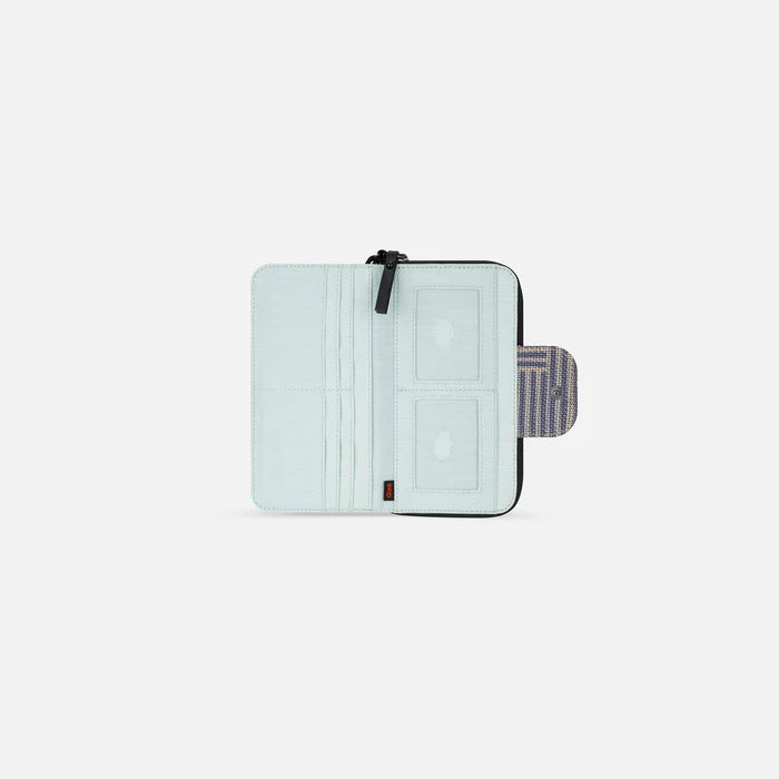 A Sherpani Tulum Passport Anti-theft Wallet, above view showing inside of  wallet on white backdrop.  #color_passport-print