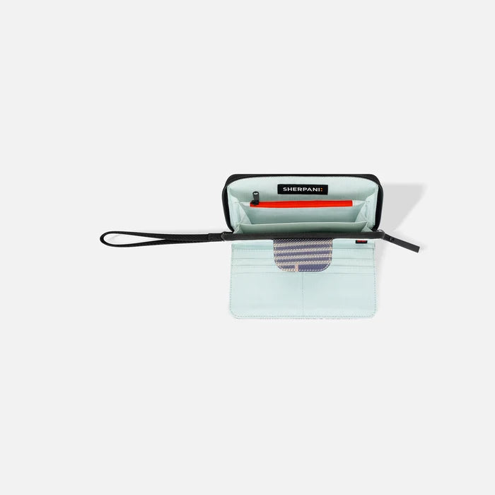 A Sherpani Tulum Passport Anti-theft Wallet, above view showing inside of  wallet on white backdrop.  #color_passport-print