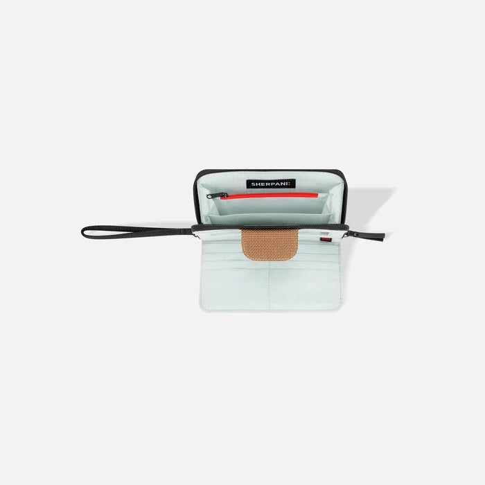 A Sherpani Tulum Sand Anti-theft Wallet, above view showing inside of  wallet on white backdrop. #color_sand-tan
