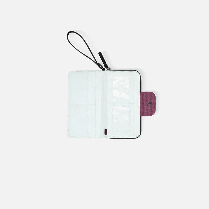 A Sherpani Tulum Smoky Orchid Anti-theft Wallet, above view showing inside of  wallet on white backdrop.  #color_smoky-orchid-pink
