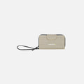 A Sherpani Tulum Straw Beige Anti-theft RFID Wallet, front view showing wrist strap on white backdrop. #color_straw-beige