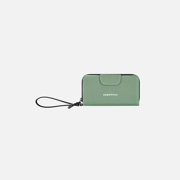A Sherpani Tulum Aloe Mist Green Anti-theft RFID Wallet, front view showing wrist strap on white backdrop. #color_aloe-mist-green