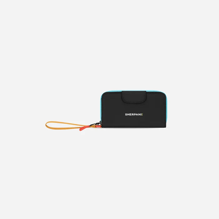 A Sherpani Tulum Chromatic Black RFID Wallet, front view showing wrist strap and clasp on white background. #color_chromatic-black