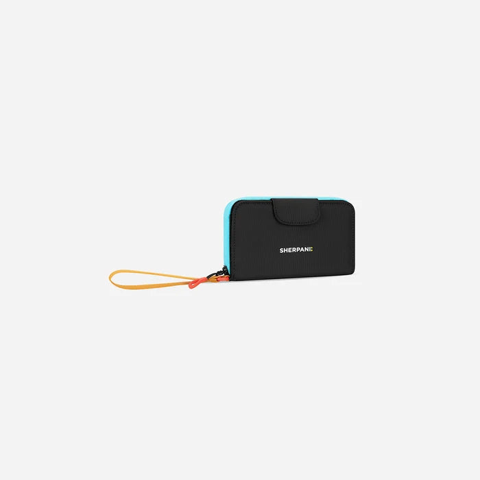 A Sherpani Tulum Chromatic Black RFID Wallet, 3/4 view showing wrist strap and clasp on white background. #color_chromatic-black
