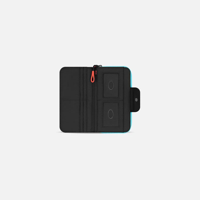 A Sherpani Tulum Chromatic Black RFID Wallet, above view showing inside of  wallet on white backdrop.  #color_chromatic-black