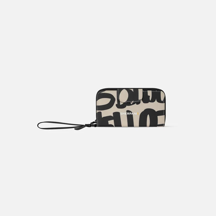 A Sherpani Tulum Ciao RFID Wallet, front view showing wrist strap and clasp on white background. #color_ciao-print