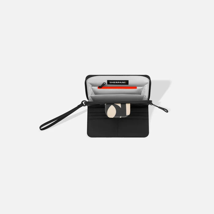 A Sherpani Tulum Ciao RFID Wallet, above view showing inside of wallet on white backdrop.  #color_ciao-print
