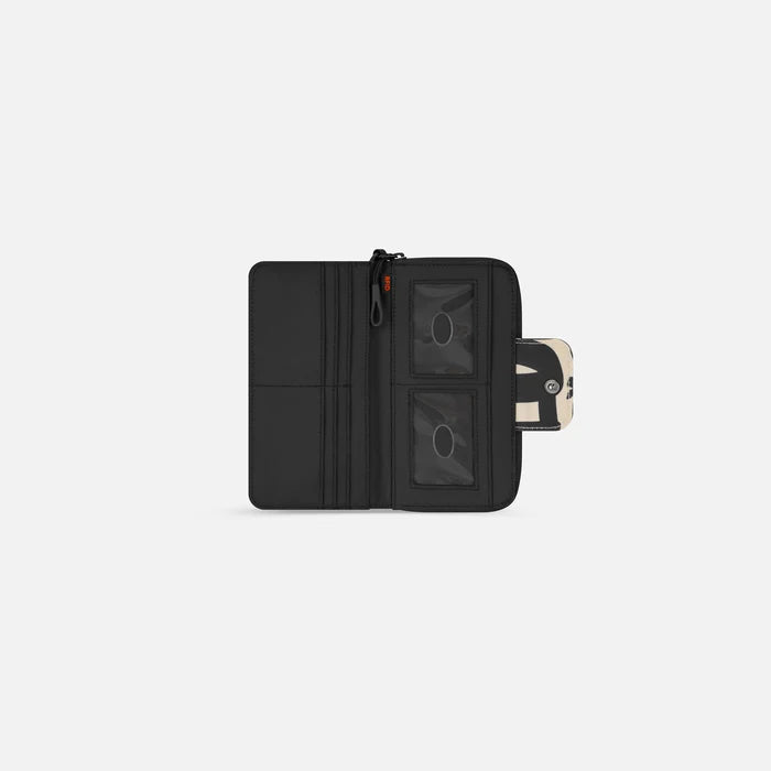 A Sherpani Tulum Ciao RFID Wallet, above view showing inside of  wallet on white backdrop.  #color_ciao-print
