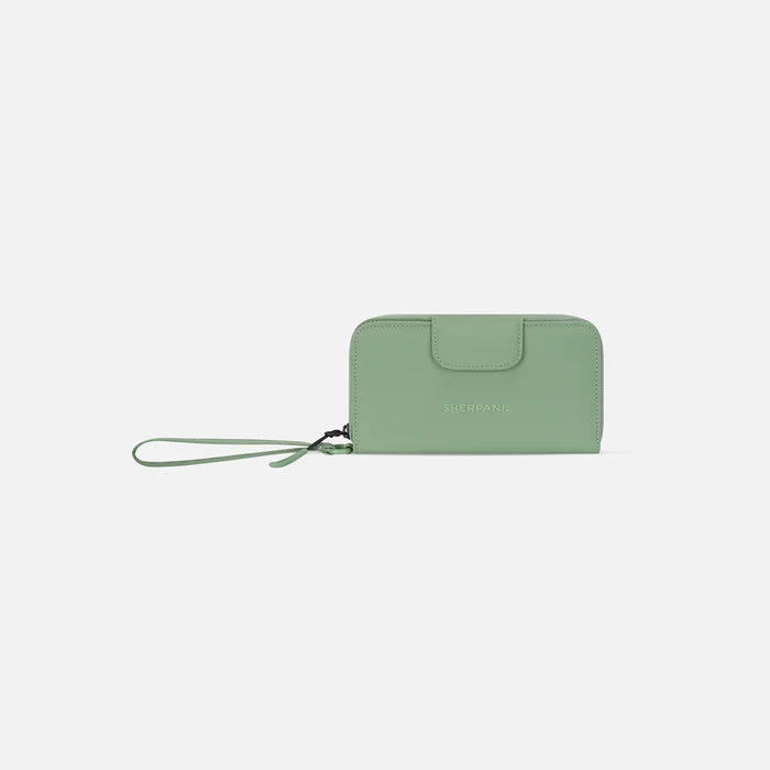 A Sherpani Tulum Olivine RFID Wallet, front view showing wrist strap and clasp on white background. #color_olivine-green