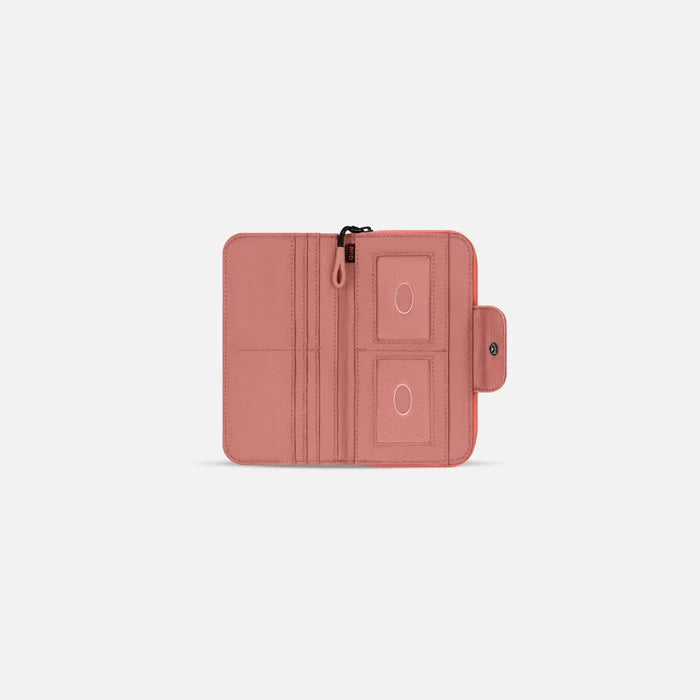A Sherpani Tulum Desert Pink RFID Wallet, above view showing inside of  wallet on white backdrop.  #color_desert-pink