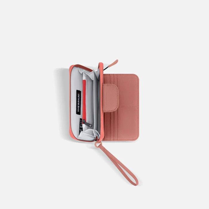 A Sherpani Tulum Desert Pink RFID Wallet, above view showing inside of  wallet on white backdrop.  #color_desert-pink