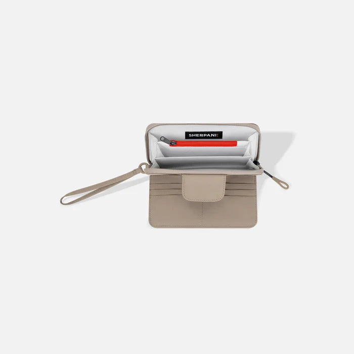 A Sherpani Tulum Dune RFID Wallet, above view showing inside of  wallet on white backdrop.  #color_dune-tan