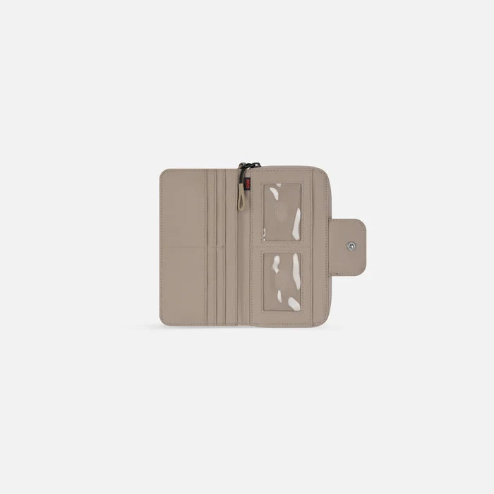 A Sherpani Tulum Dune RFID Wallet, above view showing inside of  wallet on white backdrop.  #color_dune-tan