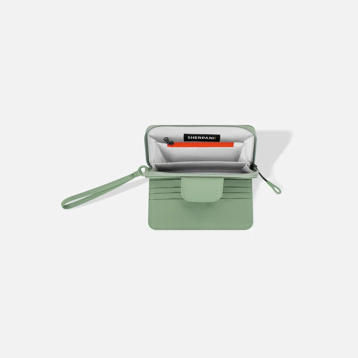 A Sherpani Tulum Olivine RFID Wallet, above view showing inside of  wallet on white backdrop.  #color_olivine-green