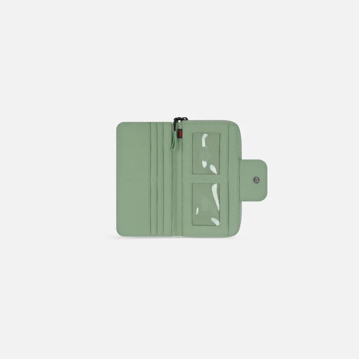 A Sherpani Tulum oli RFID Wallet, above view showing inside of  wallet on white backdrop.  #color_olivine-green