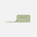 A Sherpani Tulum Green Palm RFID Wallet, front view showing wrist strap and clasp on white background.   #color_palm-green